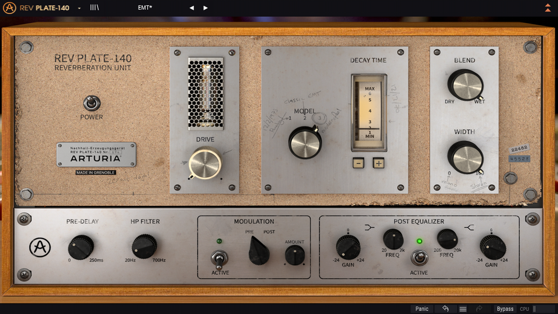 Arturia Rev PLATE-140 settings.