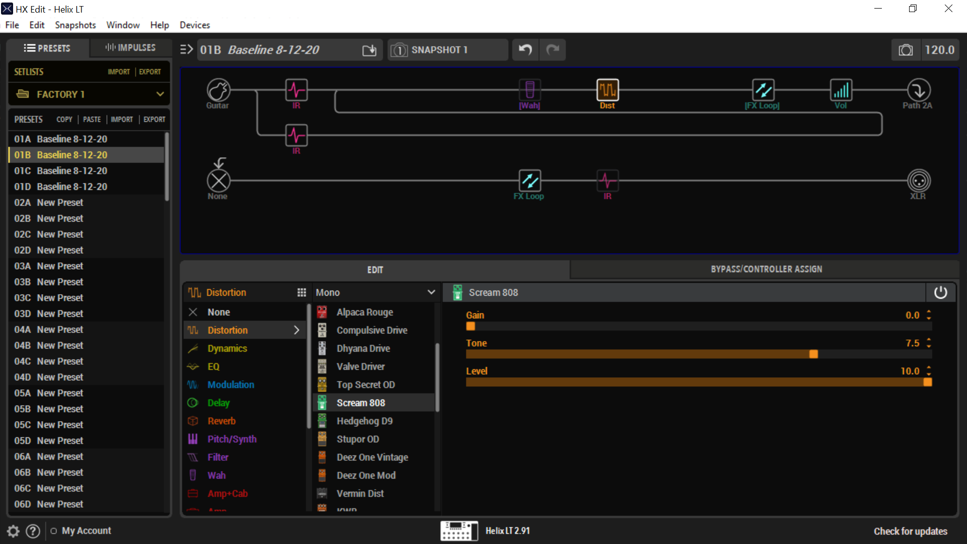 Tubescreamer settings on the Helix.